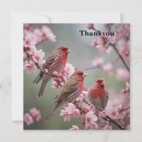 "Crimson Trio: Rote Finches inmitten rosa Blüten"