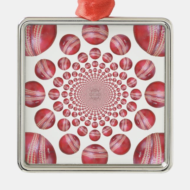 Crimson Vortex: Schöne Kunst im Roten Cricket-Ball Silbernes Ornament (Vorne)