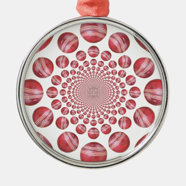 Crimson Vortex: Schöne Kunst im Roten Cricket-Ball Silbernes Ornament (Vorne)