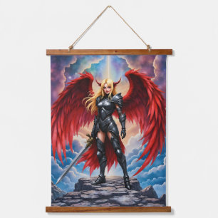 Crimson Wing – Kriegerin des gefallenen Engels. Wandteppich Mit Holzrahmen