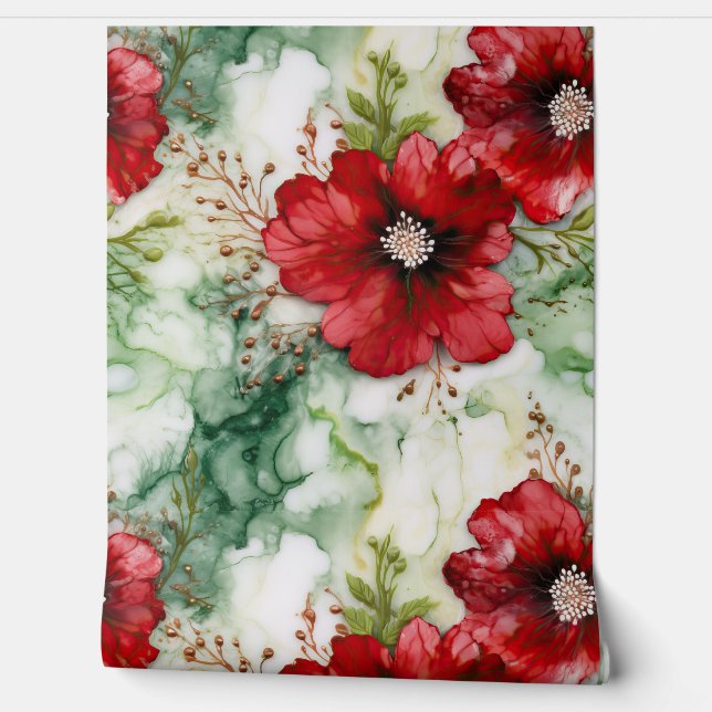 Crimson Yuletide Blooms Botanical Tapete (Abrollen)