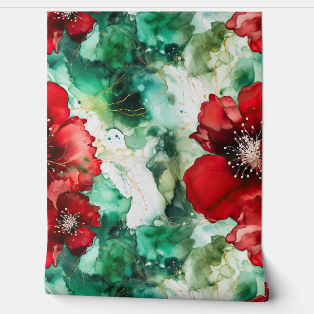 Crimson Yuletide Blooms Botanical Tapete (Abrollen)