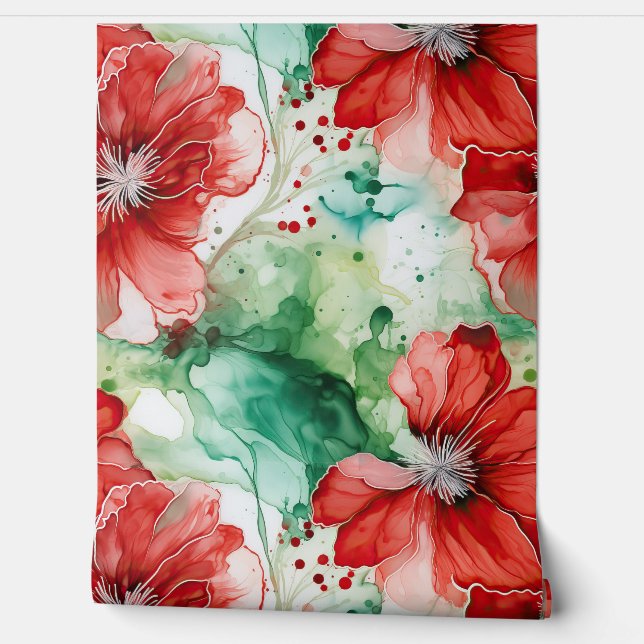 Crimson Yuletide Blooms Botanical Tapete (Abrollen)