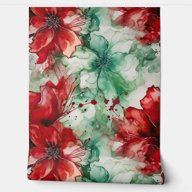 Crimson Yuletide Blooms Botanical Tapete (Abrollen)