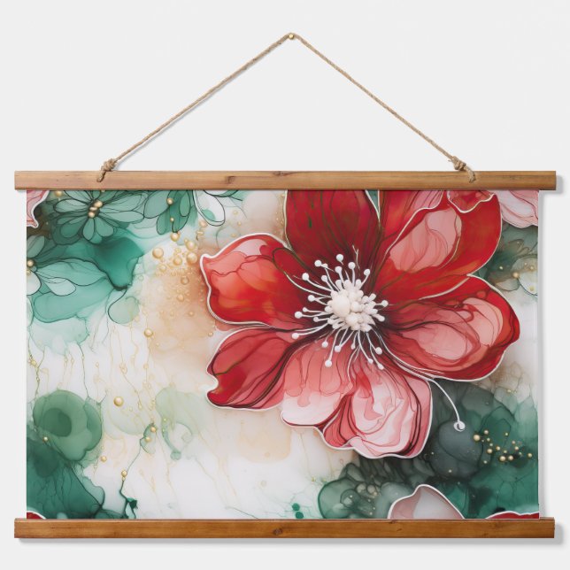 Crimson Yuletide Blooms Botanical Wandteppich Mit Holzrahmen (Vorne)