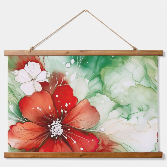 Crimson Yuletide Blooms Botanical Wandteppich Mit Holzrahmen (Vorne)
