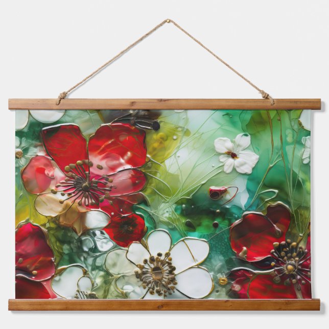 Crimson Yuletide Blooms Botanical Wandteppich Mit Holzrahmen (Vorne)