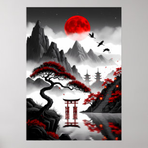 Crimson Zen: Japanische rote Mondlandschaft Poster
