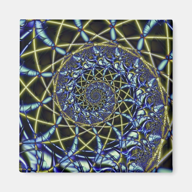 Criss Cross | Gelbe und blaue Fraktale Art Magnet (Vorne)