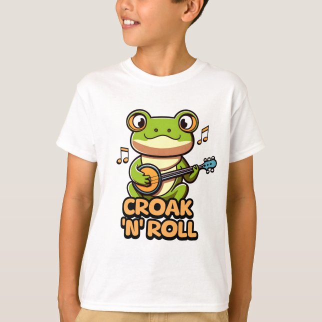 Croak 'N' Roll. Niedlicher Banjo Playing Frosch Ca T-Shirt (Vorderseite)