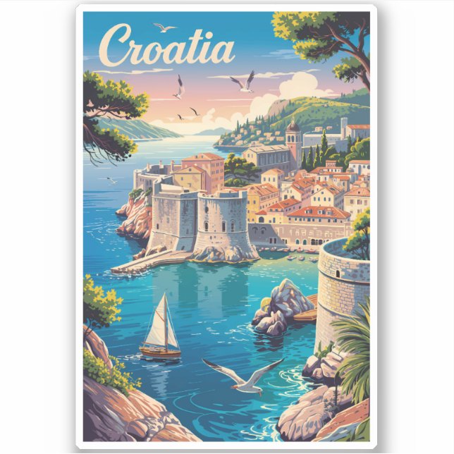 Croatia Dubrovnik Illustration Travel Art Vintage Aufkleber (Vorderseite)