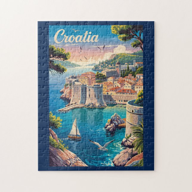 Croatia Dubrovnik Illustration Travel Art Vintage Puzzle (Vertikal)