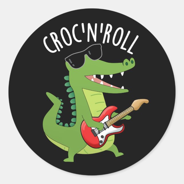 Croc N Roll Funny Crocodile Pun Dark BG Runder Aufkleber (Vorderseite)