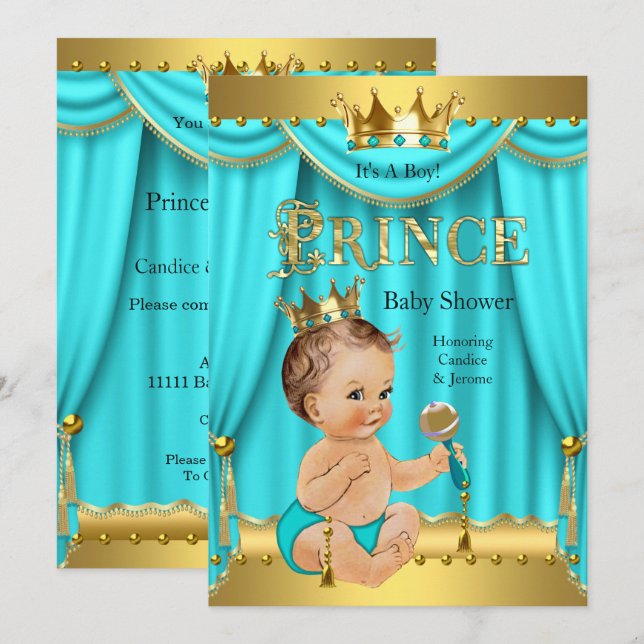 Croce Prince Baby Dusche Gold Aqua Aquamarin Brüne Einladung (Vorne/Hinten)