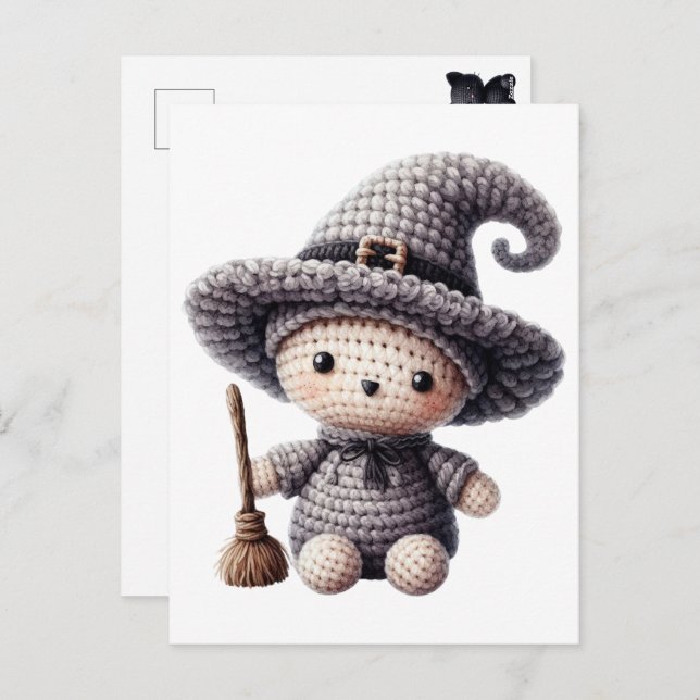 Crochet Cute Witch Feiertagspostkarte (Vorne/Hinten)