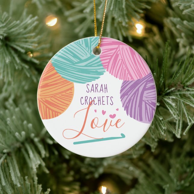 Crochet Haken Garn Liebe personalisiert Weihnachts Keramik Ornament (Baum)