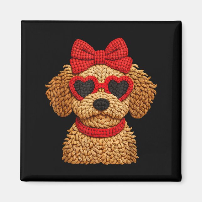 Crochet Puppy Heart Sungles Red Bow Valentines Day Magnet (Vorne)