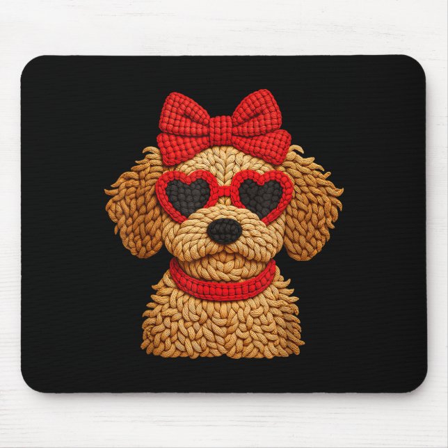 Crochet Puppy Heart Sungles Red Bow Valentines Day Mousepad (Vorne)