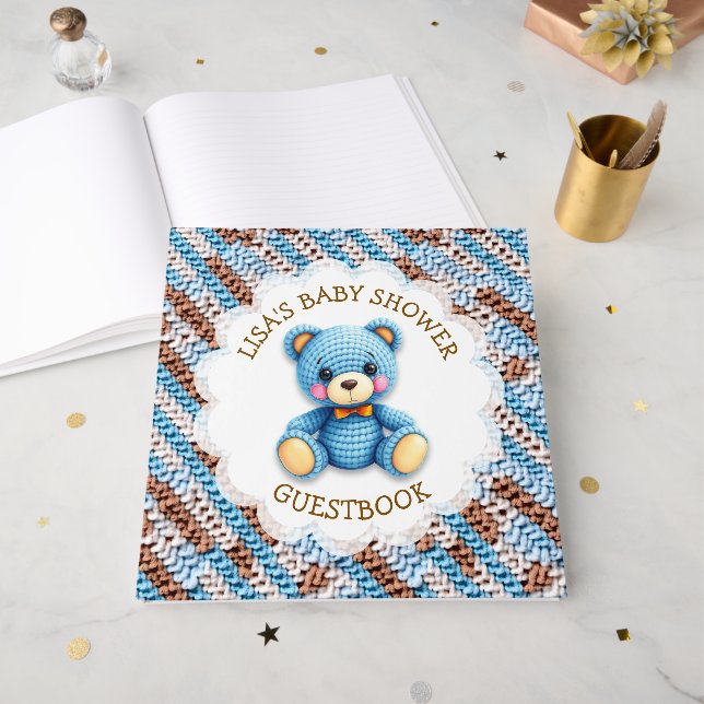 Crochet Teddy Bear | Boy's Baby Shower Gästebuch (Vorderseite offen)