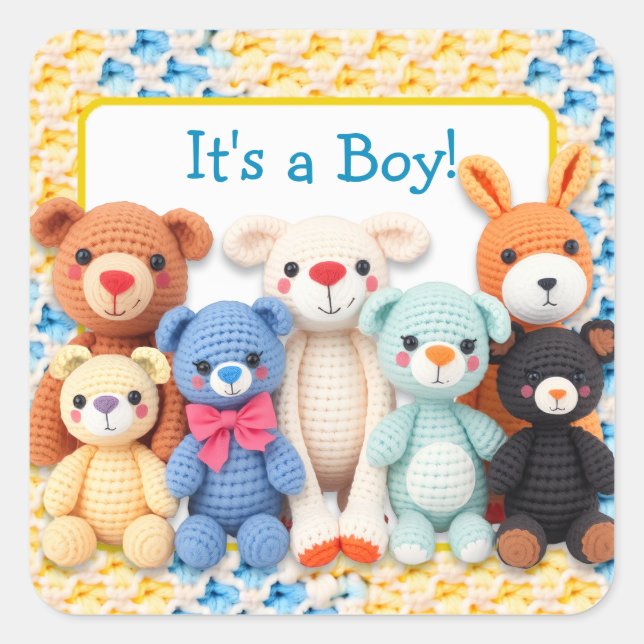 Crocheted Stuffed Animals | It's a Boy Quadratischer Aufkleber (Vorderseite)