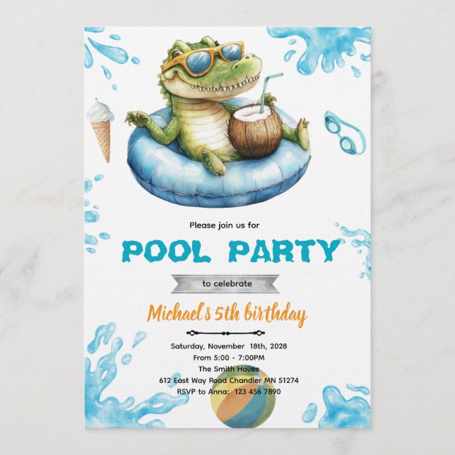 Crocodile Pool Party Birthday Invitation Einladung (Vorderseite)