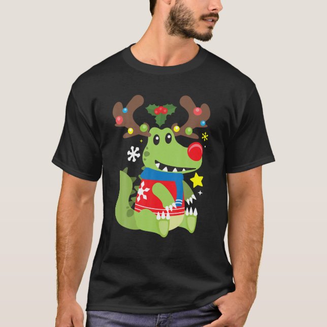 Crocodile Reindeer Funny Niedlicher Junge Weihnach T-Shirt (Vorderseite)