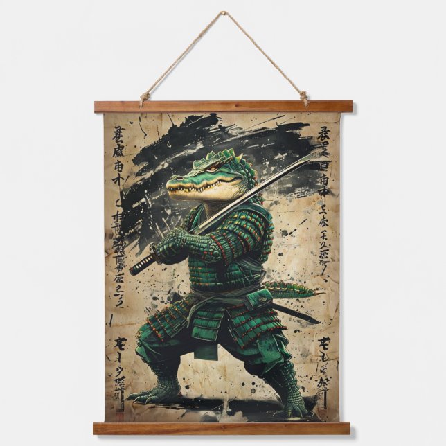 Crocodile Samurai Warrior - Japanischer Tintenstil Wandteppich Mit Holzrahmen (Vorderseite)
