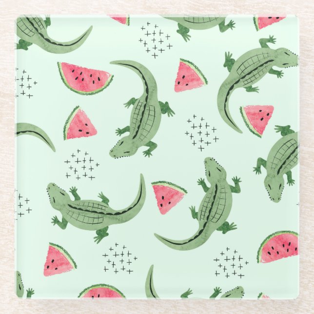 Crocodile Watermelon, Abstraktes Vintages Muster. Glasuntersetzer (Vorderseite)