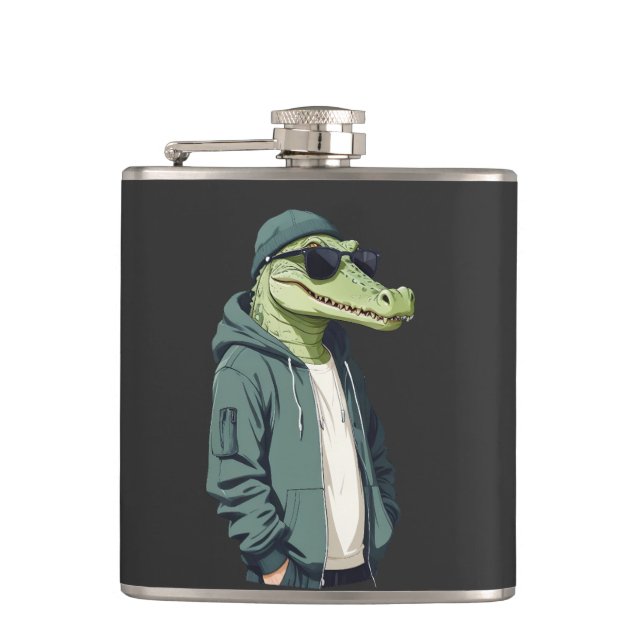 Crocodile Wear Hoodie Funny Cool Animal Vector Flachmann (Vorderseite)