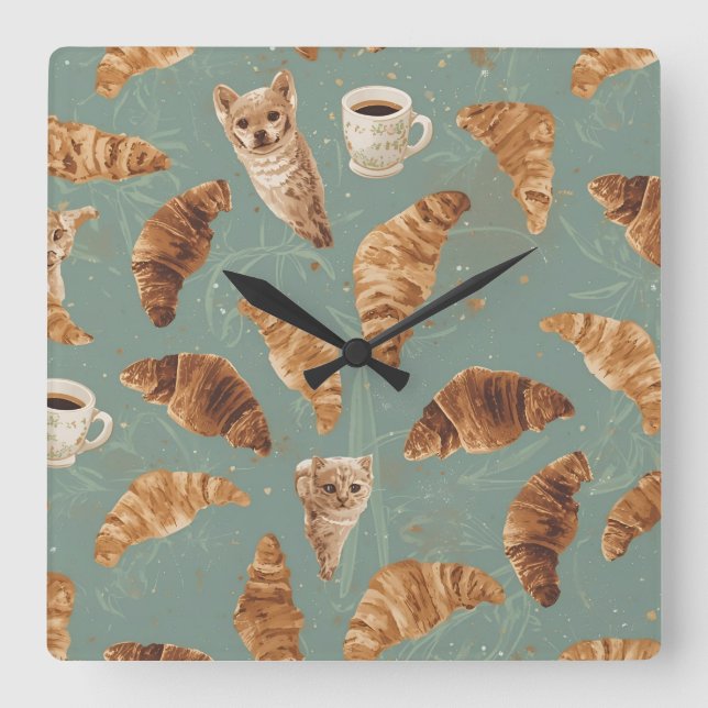 Croissant Crawl Cats, Coffee & French Bakery Chaos Quadratische Wanduhr (Vorderseite)