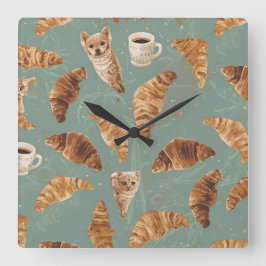 Croissant-Kletterkatzen, Kaffee und französisches  Quadratische Wanduhr