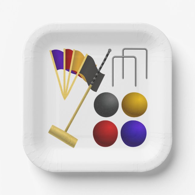 Croquet Equipment Set Mallet Balls Hoops Pappteller (Vorderseite)