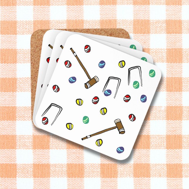 Croquet Mallets Wickets HandIllustriertes Lawn Gam Getränkeuntersetzer (This set of 6 croquet coasters feature my own unique, original, hand-drawn art.)