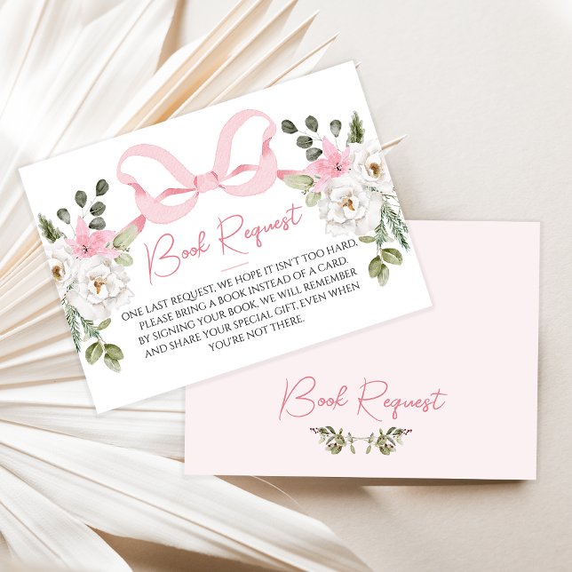 Croquette Pink Bow Baby Showkarte Visitenkarte (Pink Bow Baby Shower Book Request Inserts, Coquette Pink Bow Baby Shower Invitation, Winter Floral)