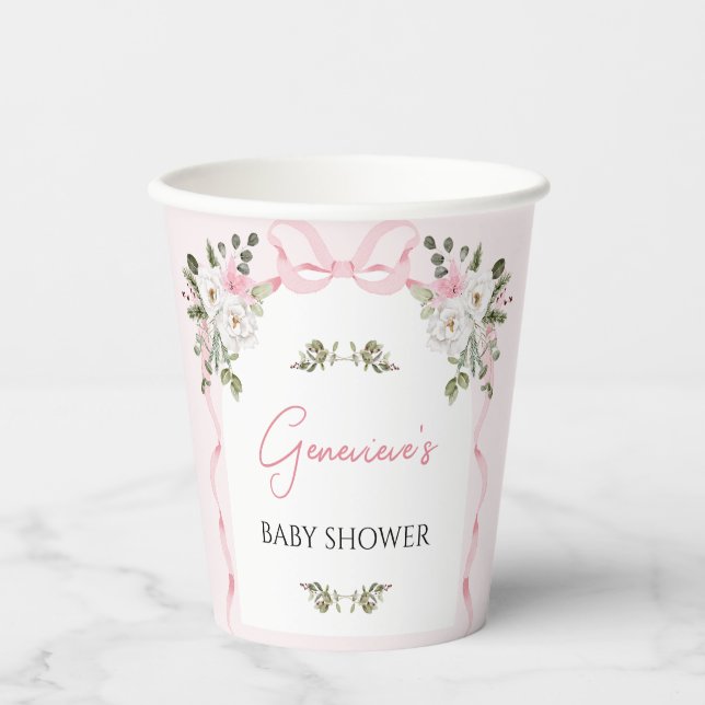 Croquette Pink Bow Floral Baby Dusche Pappbecher (Vorderseite)