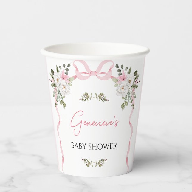 Croquette Pink Bow Floral Baby Dusche Pappbecher (Vorderseite)