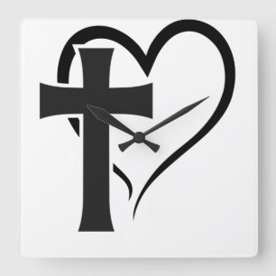 Cross And Heart Christian Quadratische Wanduhr
