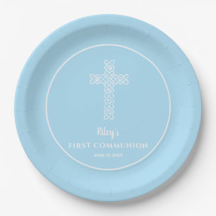 Cross Bale Blue Kommunion Taufe Christening Pappteller