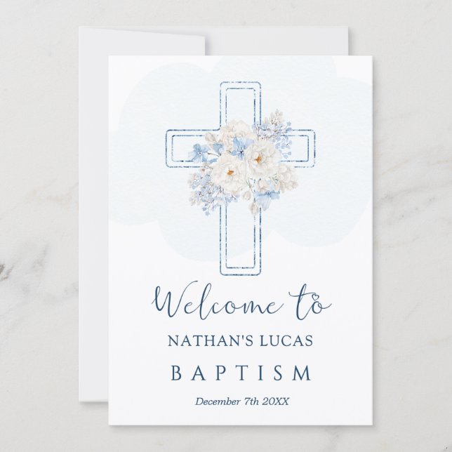 Cross Blue Floral Welcome to Baptism Announcement (Vorderseite)