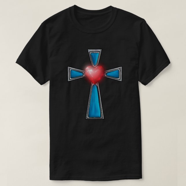 Cross Blue Stones Ruby Red Heart T-Shirt (Design vorne)