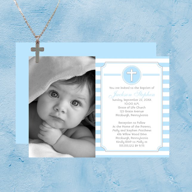 Cross Blue Stripes Boy Foto Taufe Einladung (Cross Blue Stripes Boy Photo Baptism Invitation)