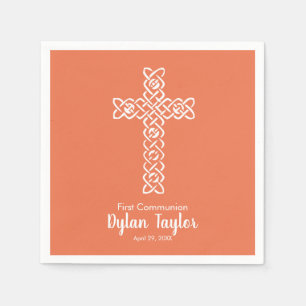 Cross Bright Peach Kommunion Taufe Christening Serviette