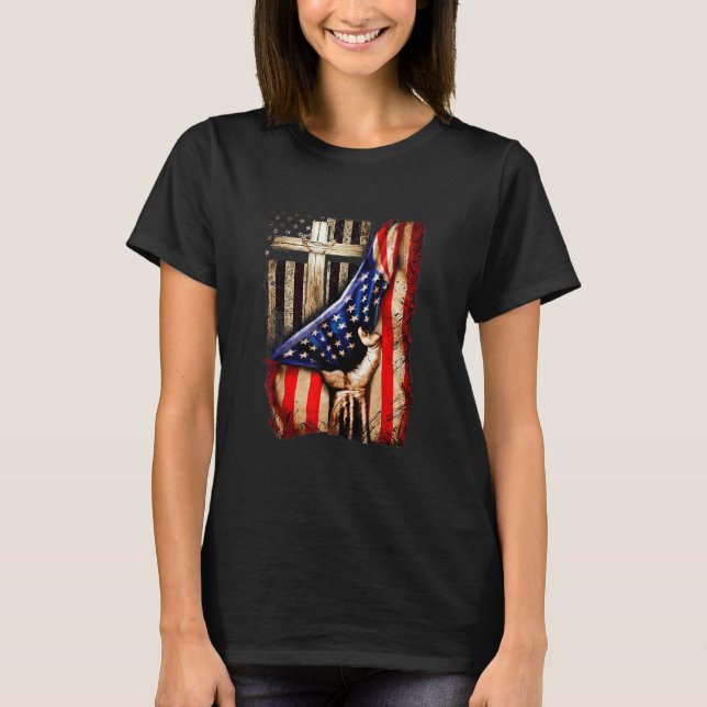 Cross Christ American Flag Stolz Hand Christlich l T-Shirt (Vorderseite)