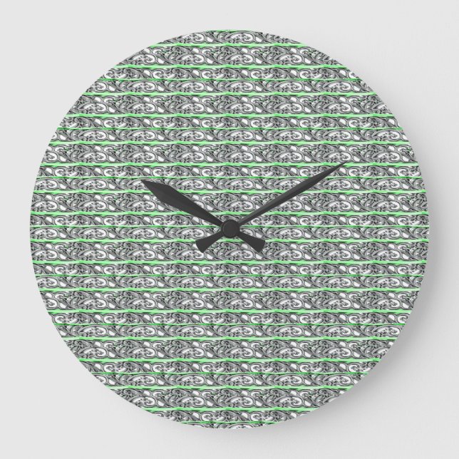 Cross Filigree Design Green Pattern Große Wanduhr (Vorderseite)
