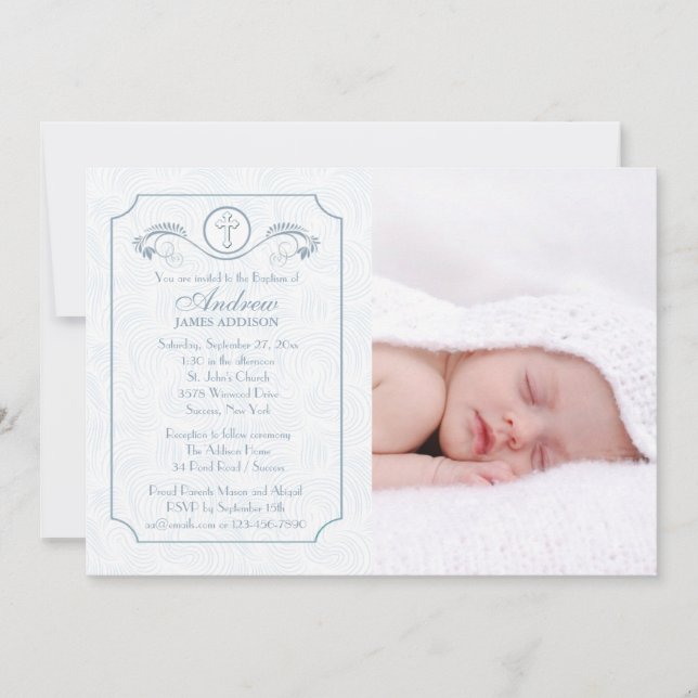 Cross Focus Blue Foto Religiöse Einladung (Vorderseite)