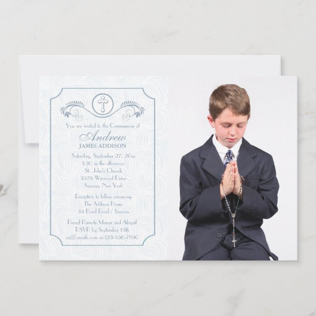 Cross Focus Blue Foto Religiöse Einladung (Vorderseite)