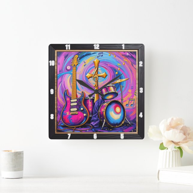 Cross Gitarren Musikverehrung Kunst Quadratische Wanduhr (Zuhause)