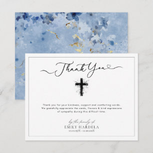 Cross Golden Blue Floral Beerdigung Danke Karte