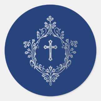 Cross in Crest Royal Blue Faux Silver  Religious  Runder Aufkleber