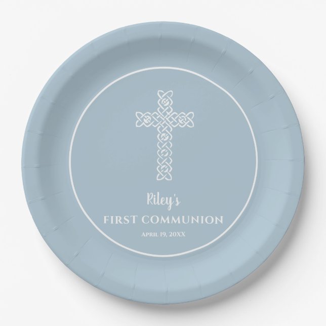 Cross on Steel Blue Communion Taufe Christening Pappteller (Vorderseite)
